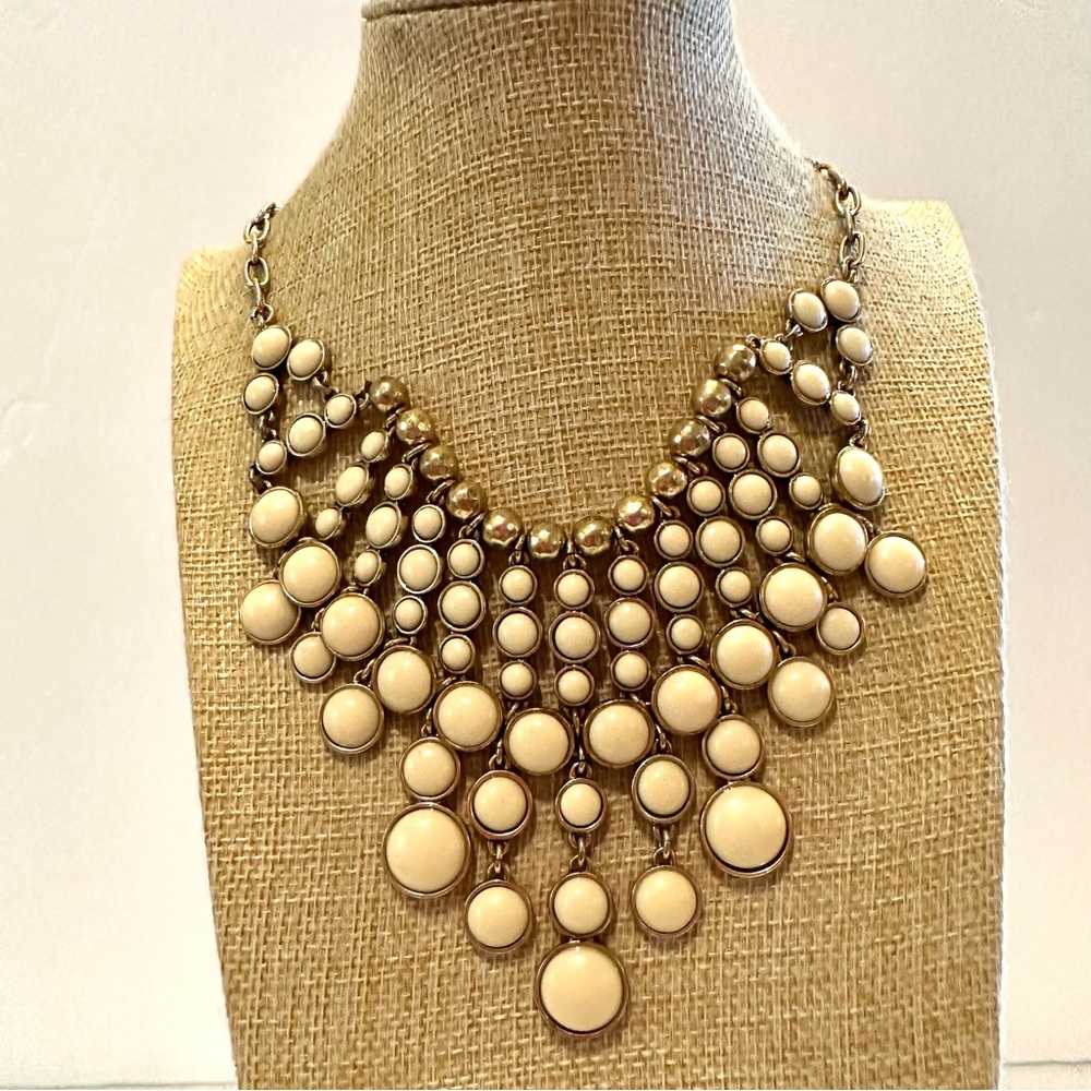 Lucky Brand Statement Bib Necklace antiqued gold tone w/ ivory / cream cabochons